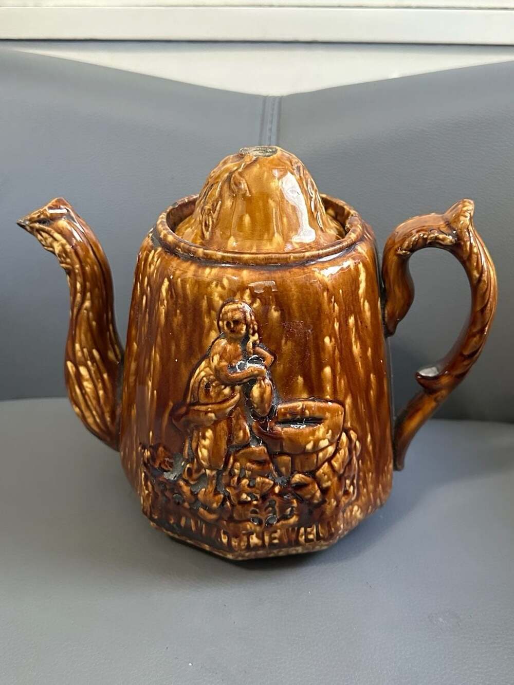 Antique Rockingham Glaze Rebekah at the Well Stoneware Teapot